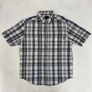 Wolverine Mens Size L Button Down Shirt Gray Blue‎ Plaid Logo Short Sleeve